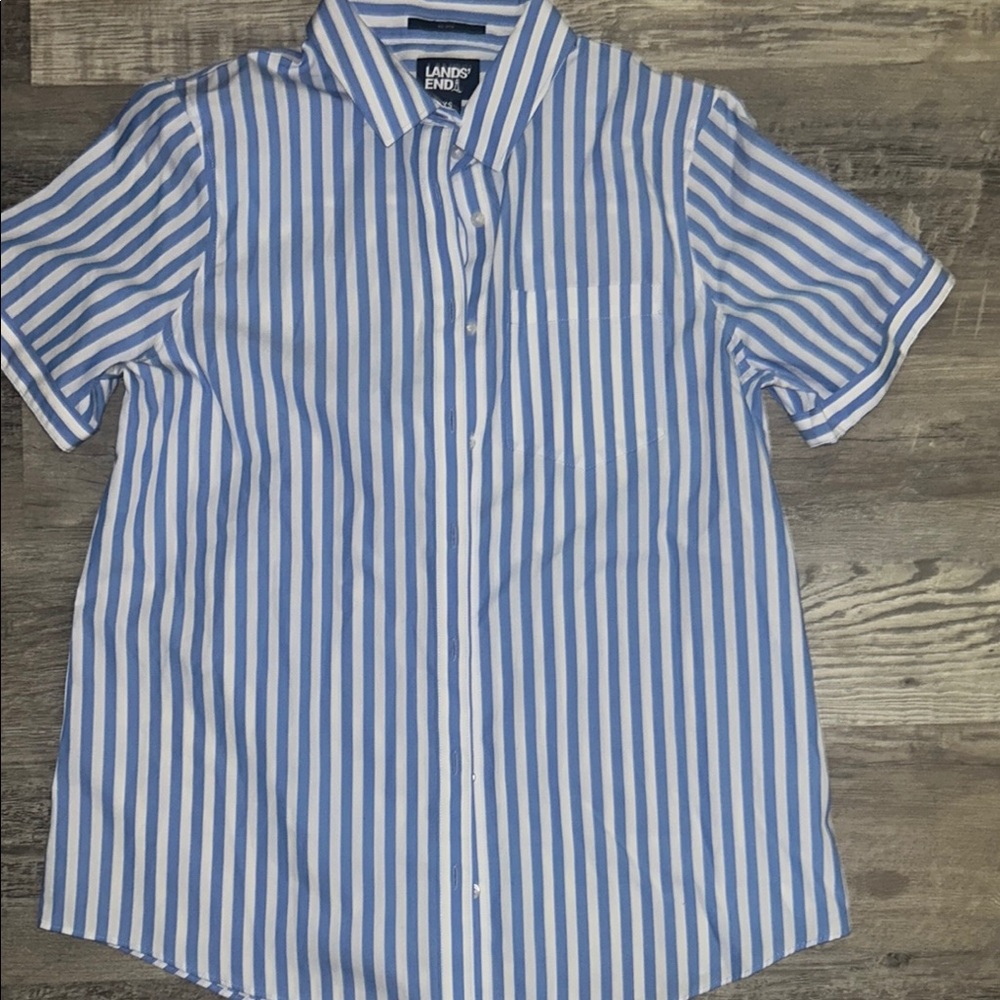 Lands' End Blue and White Casual Button Down Shirt